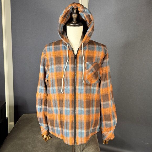 Men’s Plaid Flannel Brown Blue Full Zip Hooded Jacket Fleece Lined Size L NEW - Picture 4 of 14